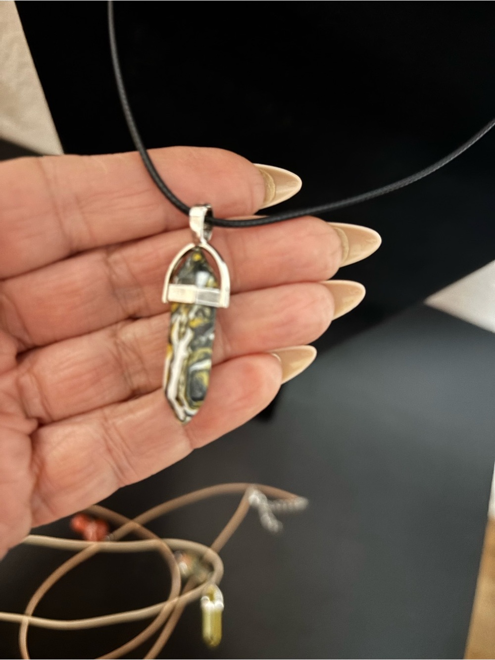 Black Cord Necklace with Black and Gold Marble Pendant